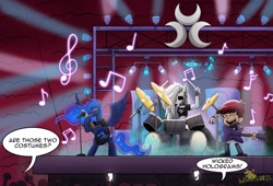 Size: 2732x1858 | Tagged: safe, artist:lordshrekzilla20, imported from derpibooru, princess luna, alicorn, anthro, demon, hellhound, human, pony, audience, band, bipedal, boots, bracelet, cellphone, choker, clothes, concert, constellation, crossover, dialogue, drum kit, drums, drumsticks, ear piercing, earring, electric guitar, ethereal mane, eyes closed, female, fingerless gloves, gloves, guitar, guitar pick, helluva boss, high res, jewelry, loona (helluva boss), luna loud, mare, microphone, music notes, musical instrument, namesake, open mouth, open smile, phone, piercing, playing instrument, pun, rock band, shirt, shoes, shorts, signature, singing, skirt, smiling, speech bubble, spiked choker, spotlight, spread wings, stage, starry mane, stockings, the loud house, thigh highs, trio, trio female, visual pun, wings