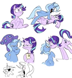 Size: 1300x1400 | Tagged: safe, artist:disaterror, imported from derpibooru, starlight glimmer, trixie, pony, unicorn, angry, boop, curved horn, floppy ears, food, horn, noseboop, open mouth, open smile, simple background, sleeping, smiling, snoring, surprised, tea, unamused, white background, wide eyes