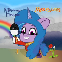 Size: 2000x2000 | Tagged: safe, artist:grapefruit-face, edit, edited screencap, imported from derpibooru, screencap, izzy moonbow, bird, magpie, pony, unicorn, album cover, baby, baby pony, female, filly, filly izzy moonbow, flower, foal, g5, jewelry, looking at you, marillion, my little pony: tell your tale, ponified, ponified album cover, rainbow, ring, younger