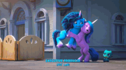 Size: 1280x716 | Tagged: safe, edit, edited screencap, imported from derpibooru, screencap, izzy moonbow, dragon, pony, unicorn, spoiler:g5, spoiler:my little pony: make your mark chapter 2, spoiler:myms01e06, animated, baby, baby dragon, female, g5, gif, loop, male, mare, maretime bay, misty brightdawn, my little pony: make your mark, my little pony: make your mark chapter 2, reversed, running away, sparky sparkeroni, street, suspicious, teleportation, the traditional unicorn sleep-over