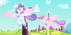 Size: 9600x4798 | Tagged: safe, artist:lillyleaf101, imported from derpibooru, princess flurry heart, princess skyla, alicorn, pegasus, pony, absurd resolution, flying, older, show accurate