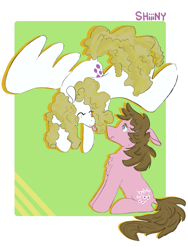 Size: 1668x2224 | Tagged: safe, artist:shiiiny, imported from derpibooru, shady, surprise, earth pony, pegasus, pony, :p, adoraprise, chest fluff, cute, dock, duo, duo female, eye contact, eyes closed, female, flying, friends, g1, g1 shadybetes, green background, lesbian, looking at each other, looking at someone, mare, ponytober, shadyprise, shipping, simple background, sitting, surprise being surprise, surprise can fly, tail, tongue out