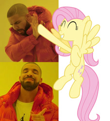 Size: 650x717 | Tagged: safe, artist:mlpfbismagic, imported from derpibooru, fluttershy, human, pegasus, pony, ^^, breaking the fourth wall, cute, drake, eyes closed, female, grin, high five, hoofbump, hotline bling, mare, meme, smiling, subverted meme, wholesome