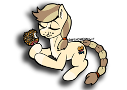 Size: 3496x2480 | Tagged: safe, artist:badmovieknight, imported from derpibooru, oc, oc only, unnamed oc, earth pony, pony, apple, autumn, candy apple (food), earth pony oc, eating, eyes closed, female, food, halloween, high res, holiday, mare, png, signature, simple background, smiling, solo, transparent background