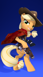 Size: 2160x3840 | Tagged: safe, artist:owlpirate, imported from derpibooru, applejack, earth pony, pony, 3d, 4k, applebutt, bipedal, butt, clothes, cole cassidy, cowboy hat, female, gradient background, grin, gun, handgun, hat, high res, jesse mccree, looking at you, looking back, looking back at you, mare, overwatch, plot, poncho, revolver, smiling, smiling at you, solo, source filmmaker