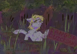 Size: 2388x1668 | Tagged: safe, artist:soudooku, imported from derpibooru, derpy hooves, pegasus, pony, bruised, crying, fear, imminent death, peril, quicksand, sinking, solo, swamp