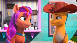 Size: 1280x716 | Tagged: safe, imported from derpibooru, screencap, hitch trailblazer, sunny starscout, bird, chipmunk, earth pony, pony, rabbit, spoiler:g5, spoiler:my little pony: make your mark chapter 2, animal, animated, cart, counter, cowboy hat, critters, customer, cutie mark swap, g5, hat, my little pony: make your mark, my little pony: make your mark chapter 2, personality swap, sheriff, sheriff's badge, smoothie, sound, stetson, switching, the cutie mark mix-up, webm