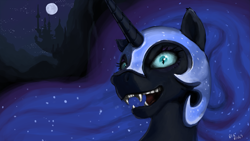 Size: 4305x2421 | Tagged: safe, artist:bigrigs, edit, imported from twibooru, nightmare moon, alicorn, pony, canterlot, chromatic aberration removal, crazy eyes, fangs, female, image, looking at you, mare, moon, png, snarling, solo, widescreen