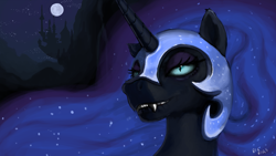 Size: 4306x2423 | Tagged: safe, alternate version, artist:bigrigs, edit, imported from twibooru, nightmare moon, bedroom eyes, canterlot, chromatic aberration removal, fangs, image, lip bite, moon, png, widescreen