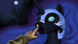 Size: 4305x2423 | Tagged: safe, alternate version, artist:bigrigs, edit, imported from twibooru, nightmare moon, human, boop, canterlot, chromatic aberration removal, first person view, high velocity booping action, horse nostril, image, imminent death, moon, offscreen character, png, pov, wallpaper, widescreen