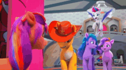 Size: 1280x712 | Tagged: safe, imported from derpibooru, screencap, hitch trailblazer, izzy moonbow, pipp petals, sunny starscout, zipp storm, mouse, spoiler:g5, spoiler:my little pony: make your mark chapter 2, animated, chase, cowboy hat, crystal brighthouse, disappear, g5, glow, hat, headphones, loud, magic, magic aura, mane five (g5), my little pony: make your mark, my little pony: make your mark chapter 2, noise, poof, sheriff, shocked, sound, sparky sparkeroni, stars, stetson, surprised, the cutie mark mix-up, webm