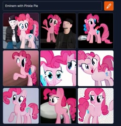 Size: 755x786 | Tagged: safe, imported from derpibooru, pinkie pie, earth pony, human, pony, caption, craiyon, eminem, image macro, irl, irl human, machine learning generated, photo, text