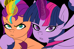 Size: 3000x2000 | Tagged: safe, artist:maren, artist:raf717555, imported from derpibooru, sunny starscout, twilight sparkle, alicorn, pony, art theft, badass, doodle, g5, glow, glowing horn, horn, is that a jojo reference?, jojo's bizarre adventure, looking at you, my little pony: a new generation, my little pony: make your mark, my little pony: make your mark chapter 2, parody, race swap, reference, simple background, sunny and her heroine, sunnycorn, trace, white background