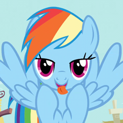 Size: 512x512 | Tagged: safe, imported from derpibooru, screencap, rainbow dash, pegasus, pony, a bird in the hoof, season 1, derp, faic, flying, invisible stallion, licking, silly, silly pony, solo, tongue out, wings