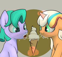 Size: 3600x3300 | Tagged: safe, artist:dumbwoofer, imported from derpibooru, earth pony, pony, unicorn, blushing, ear fluff, female, filly, foal, food, g5, ice cream, ice cream cone, magic, messy, messy eating, not cum, peach fizz, pippsqueaks, seashell (g5), simple background, suggestive eating, telekinesis, tongue out