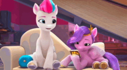 Size: 1280x712 | Tagged: safe, edit, edited screencap, imported from derpibooru, screencap, pipp petals, zipp storm, dragon, pegasus, pony, spoiler:g5, spoiler:my little pony: make your mark chapter 2, spoiler:myms01e06, animated, cellphone, couch, crystal brighthouse, flying, g5, gif, jumping, loop, my little pony: make your mark, my little pony: make your mark chapter 2, phone, reversed, sparky sparkeroni, the traditional unicorn sleep-over
