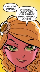 Size: 728x1308 | Tagged: safe, artist:tonyfleecs, idw, imported from derpibooru, human, equestria girls, spoiler:comic, spoiler:comicannual2013, dialogue, female, reaction image, solo, sunflower (g4)