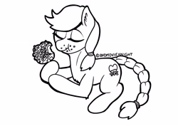 Size: 3496x2480 | Tagged: safe, artist:badmovieknight, imported from derpibooru, oc, pony, apple, black and white, candy, candy apple (food), coloring book, coloring page, eating, food, grayscale, halloween, holiday, lineart, monochrome, solo