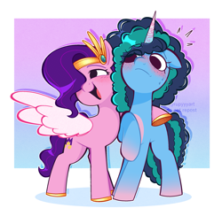 Size: 2239x2188 | Tagged: safe, artist:syrupyyy, imported from derpibooru, pipp petals, pegasus, pony, unicorn, adorapipp, blushing, colored hooves, colored wings, crown, cute, duo, duo female, eye clipping through hair, eyebrows, eyebrows visible through hair, female, freckles, frown, g5, gold hooves, high res, hooves, hug, jewelry, lesbian, mare, misty brightdawn, mistybetes, mistypetals, open mouth, open smile, ponytober, regalia, shipping, side hug, signature, smiling, spread wings, uncomfortable, wings