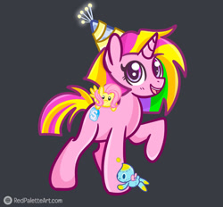 Size: 928x862 | Tagged: safe, artist:redpalette, imported from derpibooru, fluttershy, oc, oc:sound bandit, chao, unicorn, hat, horn, party hat, plushie, sonic the hedgehog (series), unicorn oc