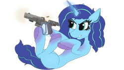 Size: 3840x2160 | Tagged: safe, alternate version, artist:straighttothepointstudio, imported from derpibooru, pony, unicorn, angry, curly hair, curly mane, cyberpunk, cyberpunk 2077, digital art, female, freckles, g5, gun, handgun, mare, misty brightdawn, my little pony: make your mark, pistol, simple background, solo, transparent background, unshorn fetlocks, weapon