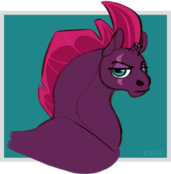 Size: 841x857 | Tagged: safe, artist:pegartisus, imported from derpibooru, tempest shadow, pony, unicorn, female, hoers, long neck, looking at you, mare, necc, simple background, small head, solo