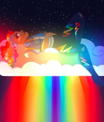 Size: 1601x1883 | Tagged: safe, artist:carouselunique, imported from derpibooru, rainbow dash, human, cloud, curly hair, dark skin, humanized, lying down, lying on a cloud, on a cloud, on back, rainbow, smiling, solo, starry night, starry sky