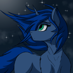 Size: 2223x2223 | Tagged: safe, artist:crimsonwolf360, imported from derpibooru, princess luna, pony, unicorn, female, horn, mare, race swap, solo, sparkles, stars, unicorn luna