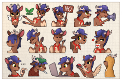 Size: 2500x1667 | Tagged: safe, artist:yakovlev-vad, imported from derpibooru, oc, oc only, oc:arny, deer, deer pony, insect, ladybug, original species, peryton, colored belly, computer, emoji, floppy ears, lacrimal caruncle, laptop computer, megaphone, pale belly, sign, slim, solo, thin, thin legs