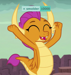 Size: 709x753 | Tagged: safe, edit, edited screencap, imported from derpibooru, screencap, smolder, dragon, derpibooru, season 9, uprooted, spoiler:s09, 10000, cheering, cropped, cute, derpimilestone, dragoness, eyes closed, female, meta, smolderbetes, solo