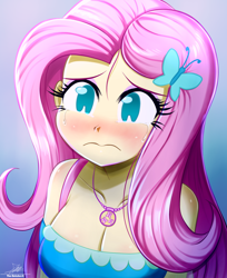 Size: 1270x1560 | Tagged: safe, artist:the-butch-x, imported from derpibooru, fluttershy, human, equestria girls, equestria girls series, amogus eyes, among us, blushing, breasts, busty fluttershy, cleavage, clothes, crying, cute, dress, female, fluttershy boho dress, geode of fauna, magical geodes, meme, sad, sadorable, shyabetes, solo