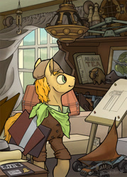 Size: 734x1024 | Tagged: safe, artist:cannibalus, imported from derpibooru, oc, oc only, earth pony, pony, book, clothes, curtains, diving helmet, easel, fbi, gun, hat, helmet, muzzle, solo, tommy gun, transistor, window