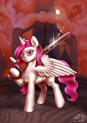 Size: 707x1000 | Tagged: safe, artist:eztp, imported from derpibooru, princess celestia, alicorn, pony, fanfic, fanfic art, fanfic cover, solo, sword, weapon