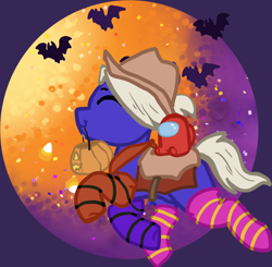 Size: 2103x2059 | Tagged: safe, artist:nootaz, imported from derpibooru, oc, oc only, oc:mallow malt, bat, bat pony, among us, bandana, bat pony oc, clothes, commission, costume, cowboy hat, halloween, halloween costume, hat, moon, saddle, socks, solo, striped socks, wings, ych result