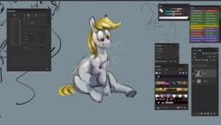 Size: 1874x1054 | Tagged: safe, artist:alumx, imported from derpibooru, derpy hooves, pegasus, pony, blushing, bubble, cute, derpabetes, female, gray background, mare, simple background, sitting, smiling, solo, wip