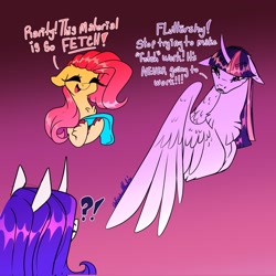 Size: 2048x2048 | Tagged: safe, artist:unfinishedheckery, imported from derpibooru, fluttershy, rarity, twilight sparkle, alicorn, pegasus, pony, unicorn, dialogue, digital art, eyes closed, female, horn, mare, open mouth, spread wings, talking, text, trio, twilight sparkle (alicorn), wings