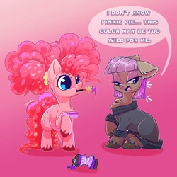 Size: 1080x1080 | Tagged: safe, artist:unfinishedheckery, imported from derpibooru, maud pie, pinkie pie, earth pony, pony, chest fluff, clothes, dialogue, digital art, duo, dye, dyed hair, dyed mane, female, filly, floppy ears, foal, hair dye, lidded eyes, mare, mouth hold, open mouth