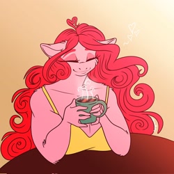 Size: 2048x2048 | Tagged: safe, artist:unfinishedheckery, imported from derpibooru, pinkie pie, anthro, earth pony, breasts, busty pinkie pie, clothes, coffee, coffee mug, digital art, eyes closed, female, floppy ears, mug, shirt, solo