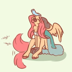 Size: 1080x1080 | Tagged: safe, artist:unfinishedheckery, imported from derpibooru, fluttershy, anthro, pegasus, unguligrade anthro, behaving like a dog, breasts, clothes, costume, digital art, dog ears, eyes closed, female, flutterdog, muzzle, paw gloves, petting, solo, spread wings, thighs, tongue out, wings