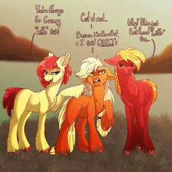 Size: 1080x1080 | Tagged: safe, artist:unfinishedheckery, imported from derpibooru, apple bloom, applejack, big macintosh, earth pony, pony, apple siblings, apple sisters, applejack is not amused, bedroom eyes, brother and sister, cheek fluff, chest fluff, dialogue, digital art, eye clipping through hair, female, floppy ears, height difference, height envy, jealous, male, mare, missing cutie mark, older, older apple bloom, open mouth, siblings, sisters, stallion, tail, talking, text, trio, unamused, unshorn fetlocks