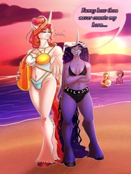 Size: 1536x2048 | Tagged: safe, artist:unfinishedheckery, imported from derpibooru, princess celestia, princess luna, alicorn, anthro, unguligrade anthro, beach, bedroom eyes, belly button, bikini, breasts, busty princess celestia, busty princess luna, clothes, digital art, duo, duo female, female, horn, size difference, swimsuit, tail, thighs, unamused, wide hips, wings