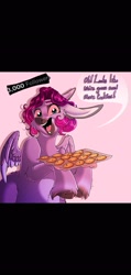 Size: 977x2048 | Tagged: safe, artist:unfinishedheckery, imported from derpibooru, oc, oc:belladonna, donkey, hybrid, pegasus, pony, cookie, digital art, female, food, looking at you, open mouth, solo, spread wings, tail, talking to viewer, wings