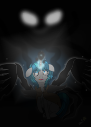 Size: 2158x3020 | Tagged: safe, artist:itsnatcherx, imported from derpibooru, pony of shadows, stygian, pony, unicorn, cloak, clothes, darkness, glowing, glowing eyes, male, stallion, teary eyes