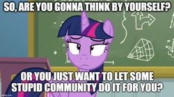 Size: 888x499 | Tagged: safe, edit, edited screencap, imported from derpibooru, screencap, twilight sparkle, alicorn, pony, top bolt, caption, chalkboard, image macro, solo, text, twilight sparkle (alicorn), unamused