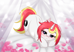 Size: 3465x2454 | Tagged: artist needed, source needed, safe, imported from derpibooru, oc, oc:lazy sunday, pony, unicorn, blushing, commission, curtains, cute, female, petals, solo, ych result