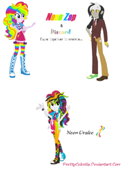 Size: 948x1304 | Tagged: safe, artist:prettycelestia, imported from derpibooru, discord, pinkie pie, rainbow dash, oc, oc:neon oralee, oc:neon zap, equestria girls, boots, clothes, female, fusion, fusion:discopinkiedash, fusion:discord, fusion:pinkie pie, fusion:pinkiedash, fusion:rainbow dash, intersex, jewelry, male, multicolored hair, multiple arms, necktie, nonbinary, rainbow hair, ring, shoes, simple background, white background