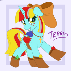 Size: 3000x3000 | Tagged: safe, artist:ziemniax, imported from derpibooru, oc, oc:terri softmare, pony, unicorn, 4chan, bag, boots, bow, clothes, cross, hair bow, horn, saddle bag, shoes, simple background, text, unicorn oc