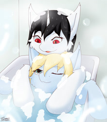 Size: 2200x2500 | Tagged: safe, artist:tx547, imported from derpibooru, oc, oc:wiliam, oc:wilson west, unicorn, bath, bathing, bathtub, bubble, cheek fluff, duo