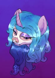 Size: 1000x1414 | Tagged: safe, artist:flutterbree, imported from derpibooru, izzy moonbow, pony, unicorn, bust, dia de los muertos, face paint, female, g5, gradient background, lidded eyes, mare, ponytober, solo