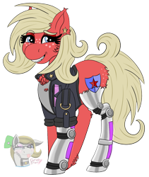 Size: 1008x1197 | Tagged: safe, artist:gray star, imported from derpibooru, oc, oc only, oc:scarlet star, cyborg, earth pony, pony, butt freckles, chest fluff, clothes, cyberpunk, ear fluff, ear piercing, female, fluffy, freckles, glasses, jacket, leather, leather jacket, mare, nighthaze, piercing, simple background, solo, trans female, transgender, transgender oc, transparent background, unshorn fetlocks